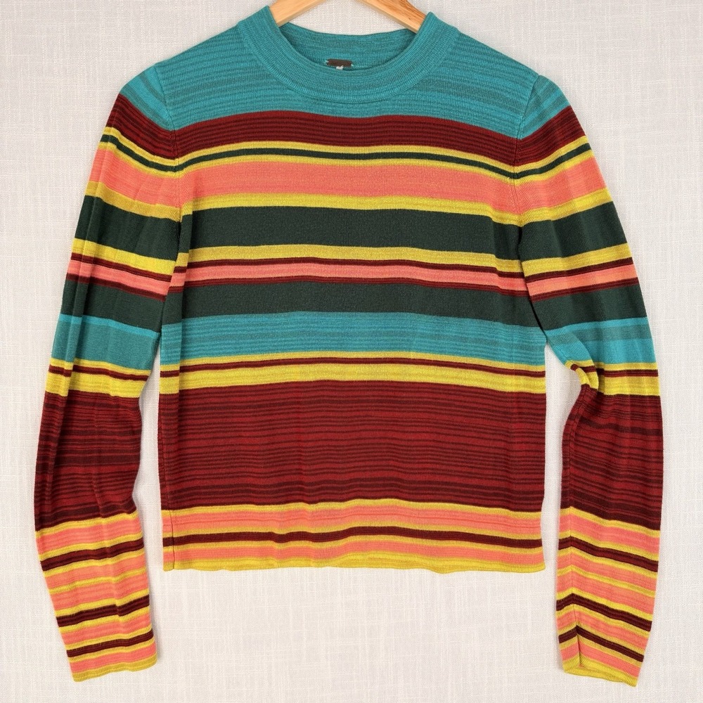 Free people Striped Crewneck Sweater Soft Knit Boho Rainbow Top M Rayon Blend